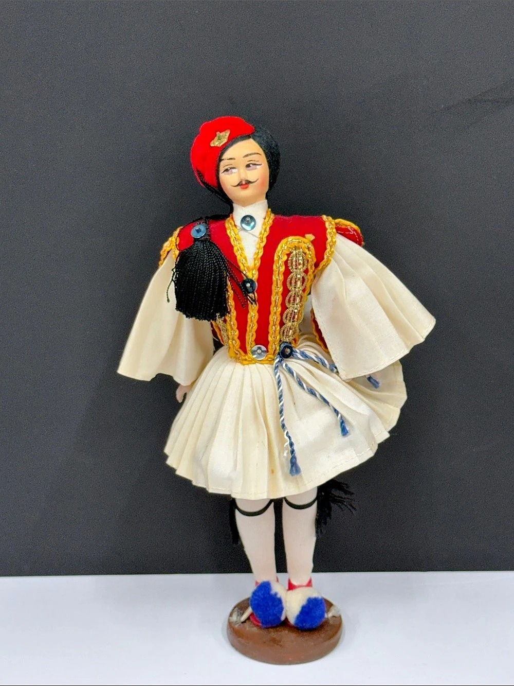 Vintage Greek Evzone Tsolias Folk Costume Doll 10” Traditional Greece Souvenir